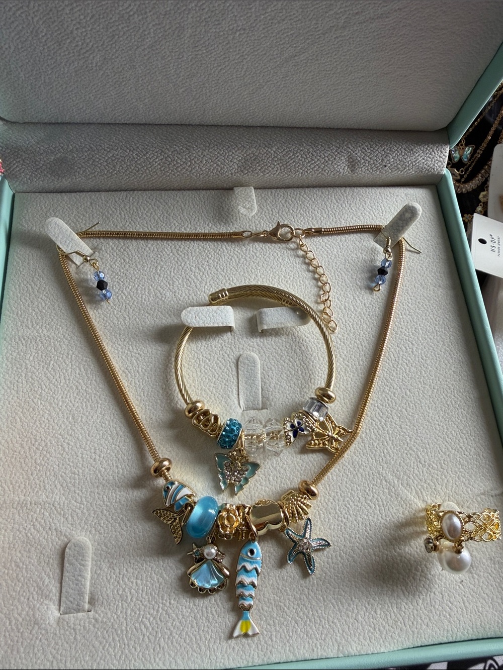 Gold-Tone Beach Charm Necklace & Bracelet Set with Blue Accents